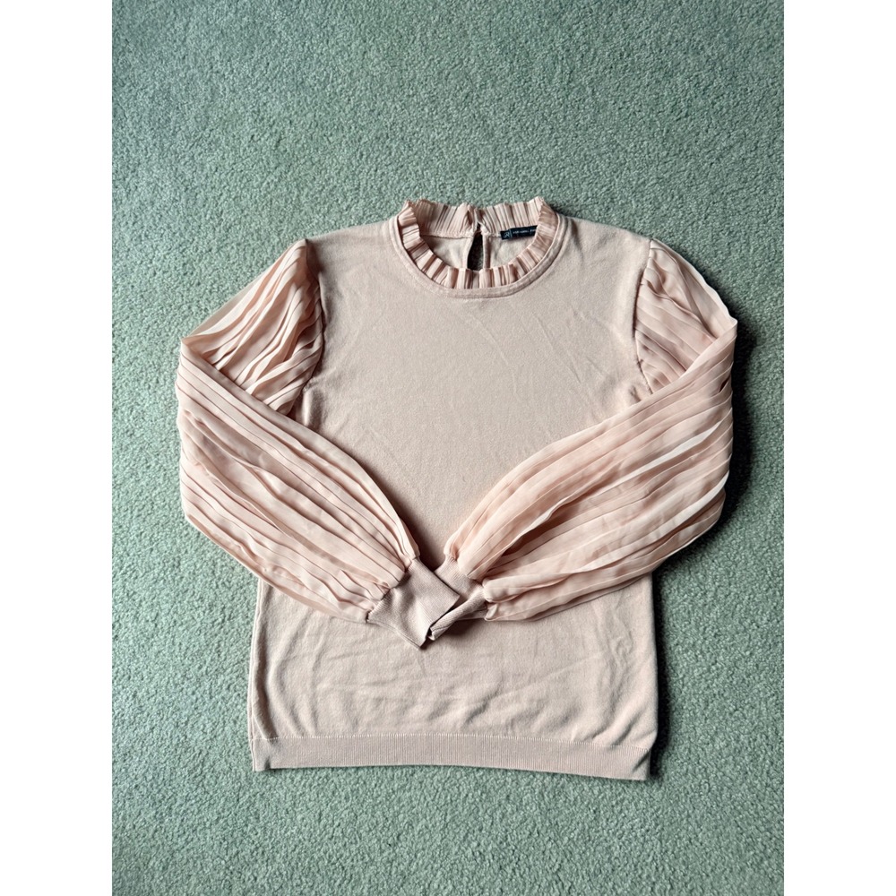 Adrianna Papell Pleated Chiffon Sleeve Ruffle Neck Knit Sweater Top Blush Pink